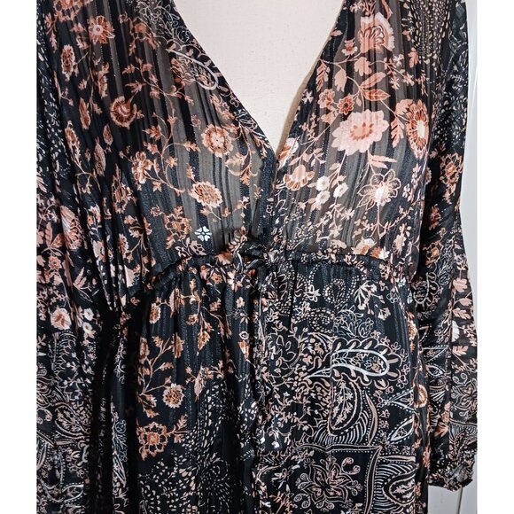 NEW Metallic Paisley‎ Plunging V-Neck Mini Dress, Black Multi, M, Bohemian Style - Picture 3 of 15